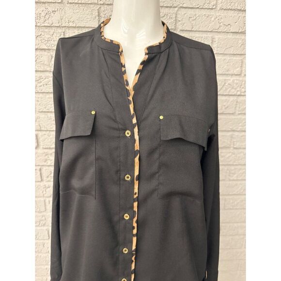 Calvin Klein Women Black with Animal Trim Roll Tab Button Front Button Shirt M - Picture 3 of 10